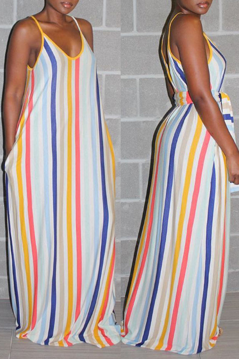 Fashion Casual Striped Print Backless Spaghetti Strap Sleeveless Dress
