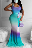 Sexy Tank Sleeveless Swagger Floor-Length Print Ombre Dresses