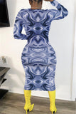 Fashion Sexy Regular Sleeve Long Sleeve O Neck Printed Dress Mid Calf Print Dresses