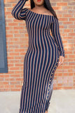 Fashion Striped Patchwork Dark Blue Blending Ankle Length Dress