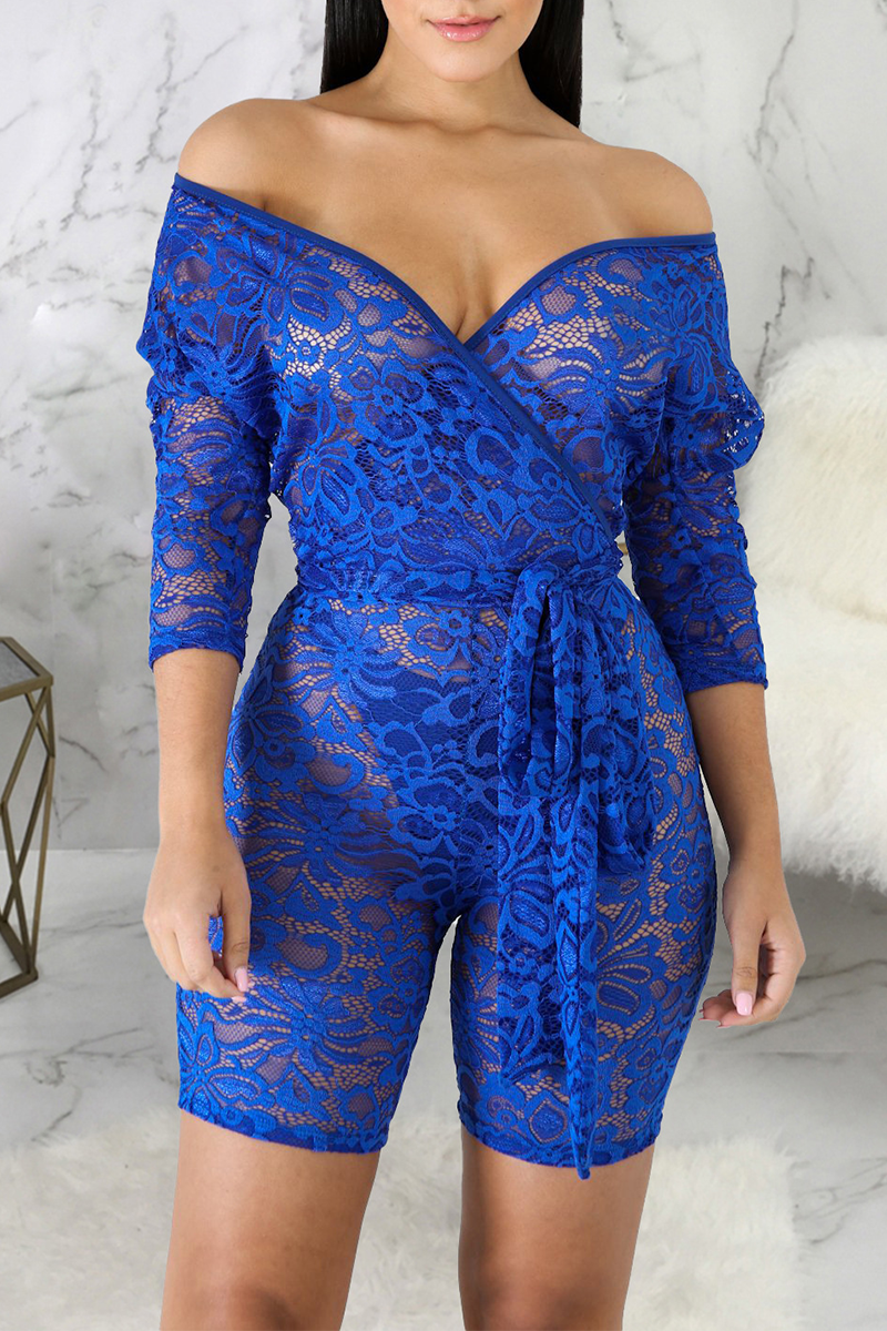 Sexy Solid Mesh V Neck Skinny Jumpsuits