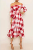Sexy Plaid Print Split Joint Buckle Off the Shoulder Three Quarter Two Pieces