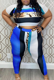 Casual Print Split Joint O Neck Plus Size Two Pieces