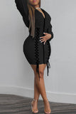Casual Solid Bandage Split Joint Zipper Hooded Collar One Step Skirt Dresses