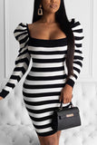 Fashion Stripe Printing Black Long Sleeve Dress