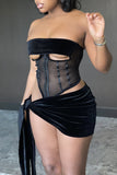 Fashion Sexy Patchwork Solid Hollowed Out See-through Strapless Sleeveless Two Pieces