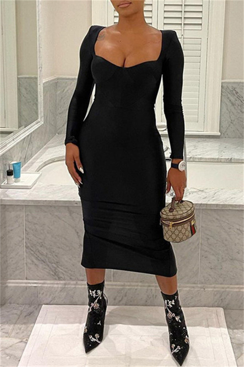 Sexy Casual Solid Slit Square Collar Long Sleeve Dresses