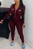 Fashion Casual Zipper Collar Long Sleeve Regular Sleeve Skinny Letter Embroidery Jumpsuits