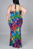 Sexy Print Hollowed Out Halter Trumpet Mermaid Plus Size Dresses