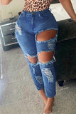 Sexy Street Solid Ripped Make Old Split Joint High Waist Regular Denim Jeans