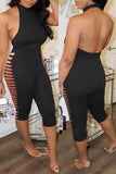 Sexy Casual Solid Ripped Hollowed Out Backless O Neck Skinny Jumpsuits