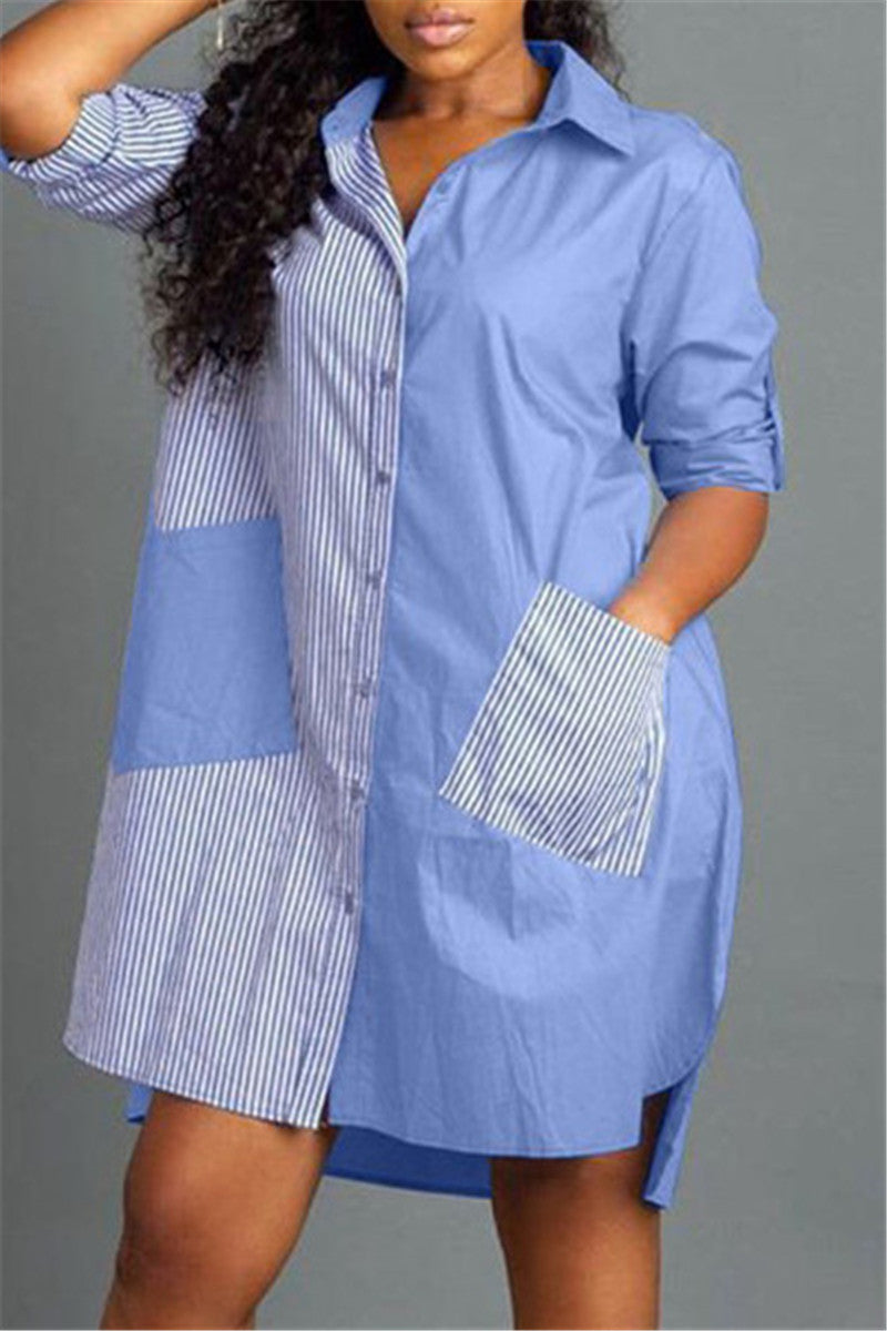 Fashion Casual Patchwork Pocket Turndown Collar Shirt Dress