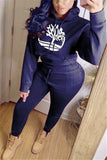 Fashion Casual Dark Blue Long Sleeve Two-Piece Suit