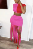 Fashion Sexy Stitching Fringed Pink Skirt Set