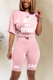 Fashion Letter Print T-shirt Shorts Pink Casual Set