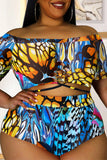 Fashion Sexy Print Hollowed Out Off the Shoulder Plus Size Swimwear (With Paddings)
