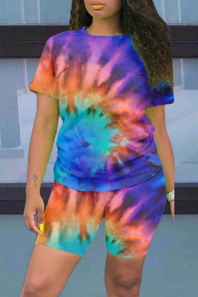 Fashion Casual Print Tie-dye O Neck Short Sleeve Two Pieces