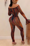 Sexy Striped Split Flare Sleeve Brown Two-Piece Suit