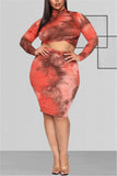 Fashion Plus Size Printed Long Sleeve Top Red Set