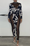 Fashion Sexy Patchwork Print See-through Half A Turtleneck Skinny Jumpsuits