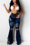 Fashion Casual Mid Waist Broken Hole Denim Trousers (Without Waist Chain)