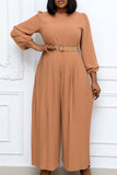 Casual Elegant Solid Split Joint With Belt O Neck Straight Jumpsuits