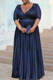 Fashion Plus Size Solid V Neck Long Sleeve Pleated Dresses