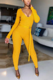 Fashion Sexy Long Sleeve V-Neck Yellow Jumpsuit