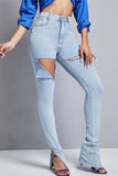 Fashion Casual Solid Ripped Slit High Waist Skinny Denim Jeans