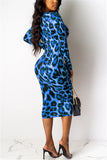 Leopard Deep V Long Sleeve Light Blue Dress