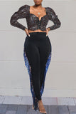 Polyester Elastic Fly Sleeveless High Tassel Patchwork Zippered Solid pencil Pants  Pants