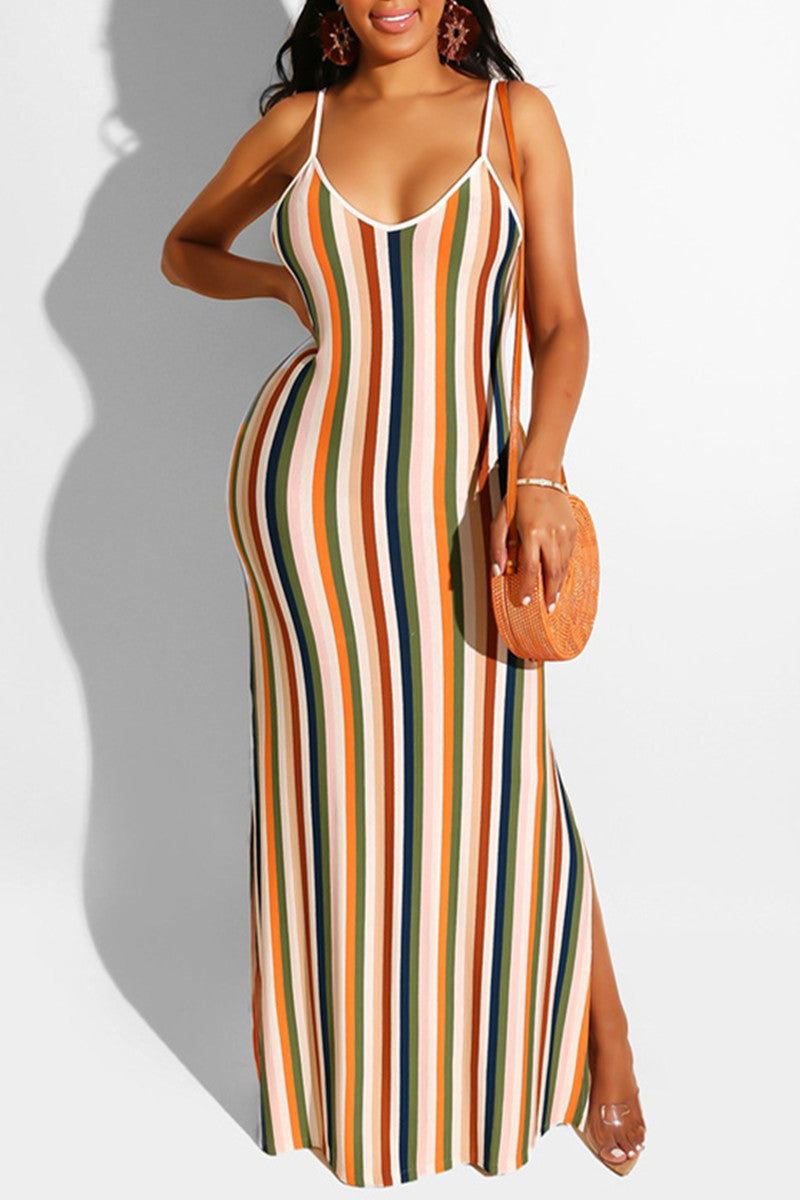 Fashion Sexy Striped Print Backless Spaghetti Strap Sling Dress