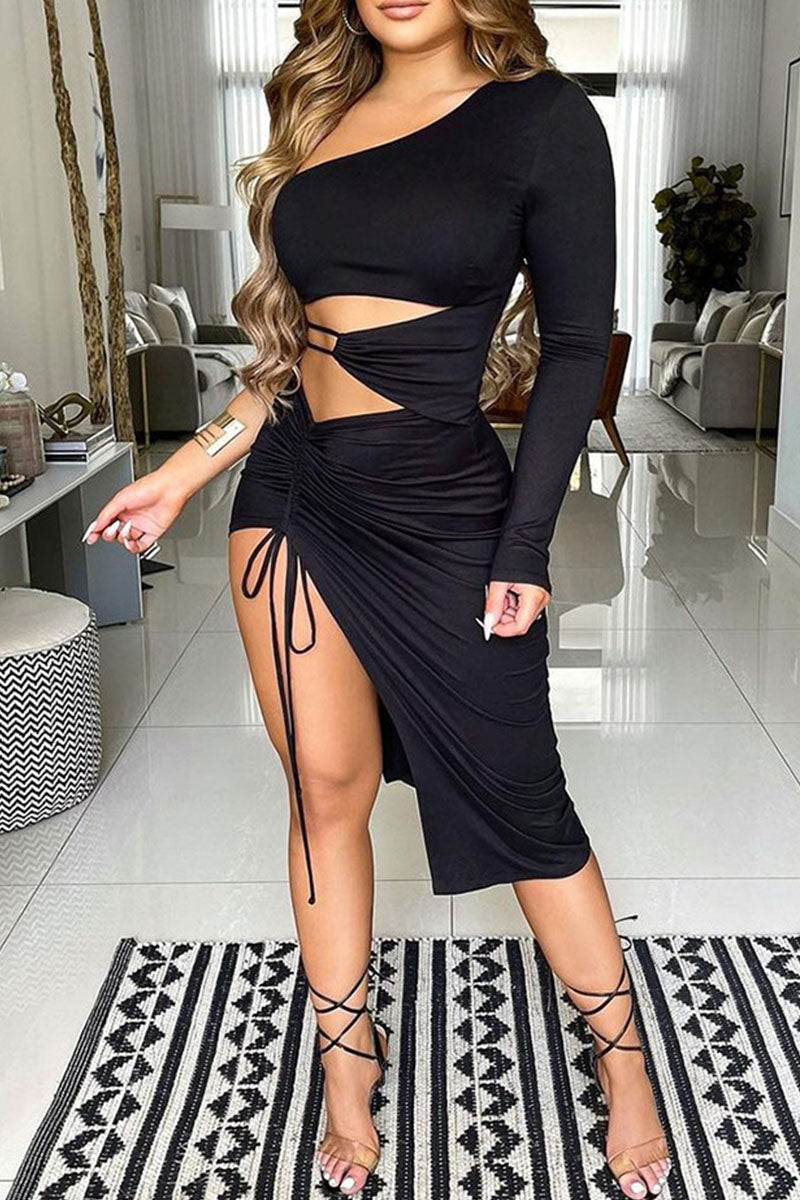 Sexy Solid Hollowed Out Split Joint Draw String Fold Asymmetrical Oblique Collar One Step Skirt Dresses