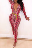 Fashion Printed V-neck Red Long Sleeve Jumpsuit（Without Waist Chain）