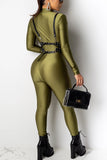 Fashion Zipper Dark Green Solid Jumpsuits