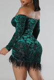Sexy Solid Patchwork Feathers Backless Off the Shoulder Long Sleeve Dresses