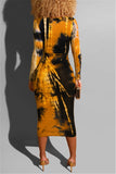 Tie-Dye Printed V Neck Tight Fitting Hip Sexy Yellow Dress