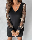 Sequin Floral Mesh Patch Casual Dress