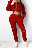 Sexy Solid Bandage Split Joint Backless Zipper Hooded Collar Long Sleeve Two Pieces