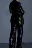 Casual Solid Sequins Patchwork Buttons Turn-back Collar Long Sleeve Two Pieces