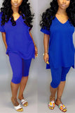 Fashion Casual Short Sleeve Dark Blue Two-piece Set