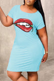 Fashion Casual Plus Size Lips Printed Basic Hot Drill Short Sleeve Dress