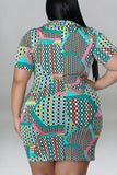 Casual Print Patchwork Buckle Turndown Collar Shirt Dress Plus Size Dresses