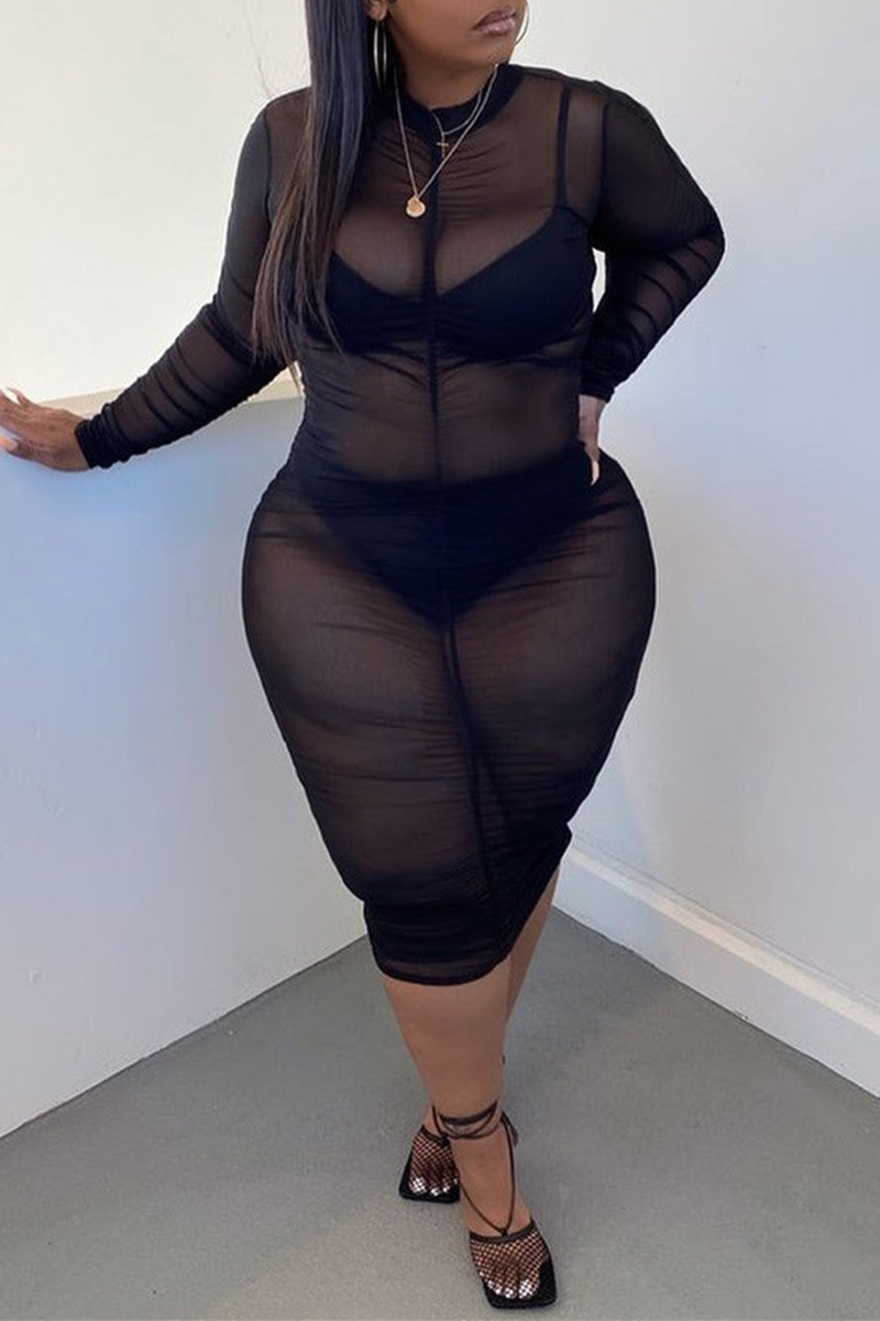 Fashion Sexy Plus Size Solid See-through O Neck Long Sleeve Dress