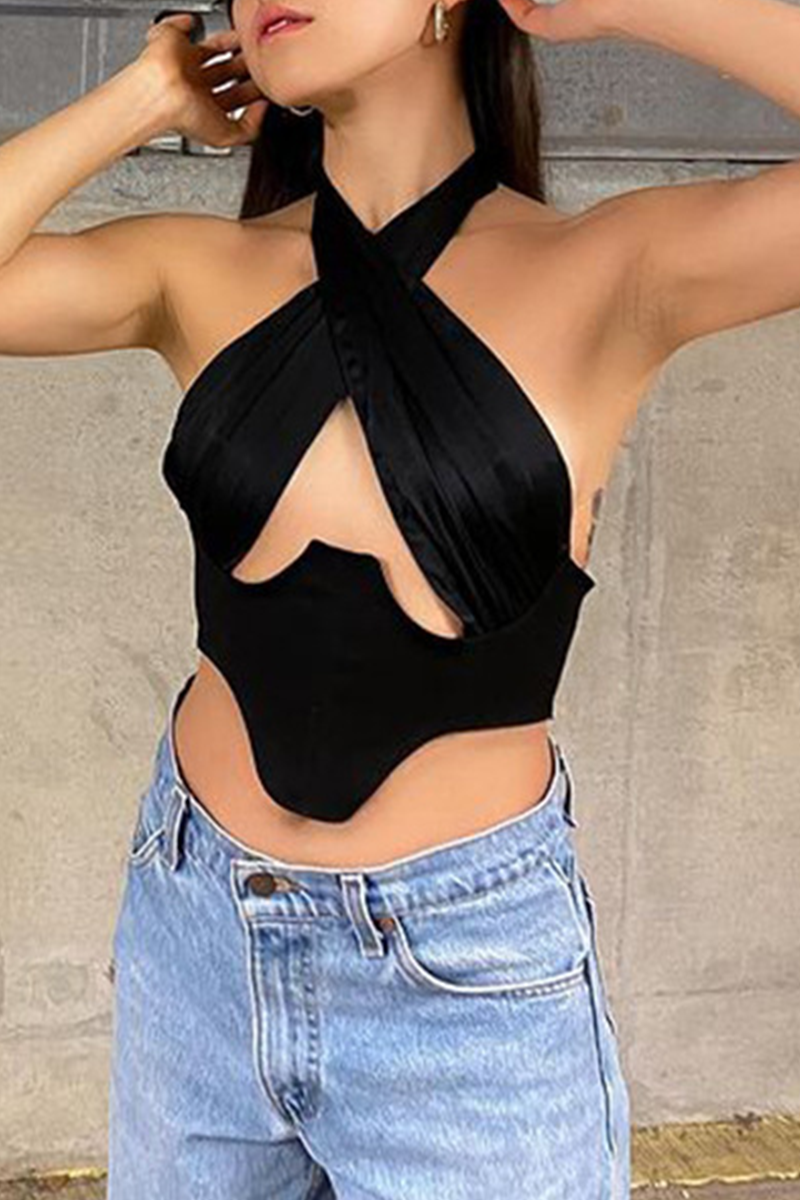 Sexy Solid Hollowed Out Halter Tops