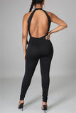 Sexy Casual Solid Hollowed Out Backless O Neck Skinny Jumpsuits