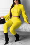 Casual Sports Hoodie Bandage Yellow Two Piece Suit