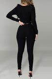 Fashion Sexy Solid Split Joint Strap Design V Neck Long Sleeve Two Pieces