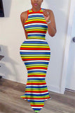 Fashion Sexy Off The Shoulder Sleeveless O Neck Printed Dress Trailing Striped Print Dresses