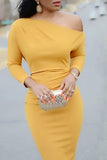 Fashion Sexy One Shoulder Long Sleeves One word collar Step Skirt Knee-Length Solid Casual Dresses